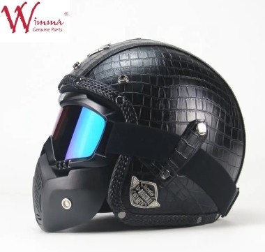 Full Face Motorcycle Helm Imitasi Kulit Buaya Retro Dengan Kacamata Yang Bisa Dihapus