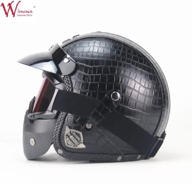 Full Face Motorcycle Helm Imitasi Kulit Buaya Retro Dengan Kacamata Yang Bisa Dihapus