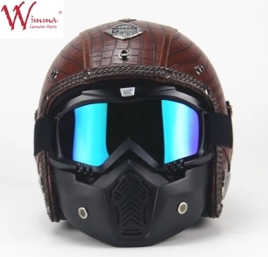 Full Face Motorcycle Helm Imitasi Kulit Buaya Retro Dengan Kacamata Yang Bisa Dihapus