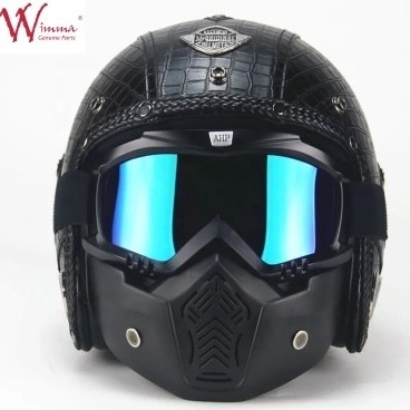 Full Face Motorcycle Helm Imitasi Kulit Buaya Retro Dengan Kacamata Yang Bisa Dihapus